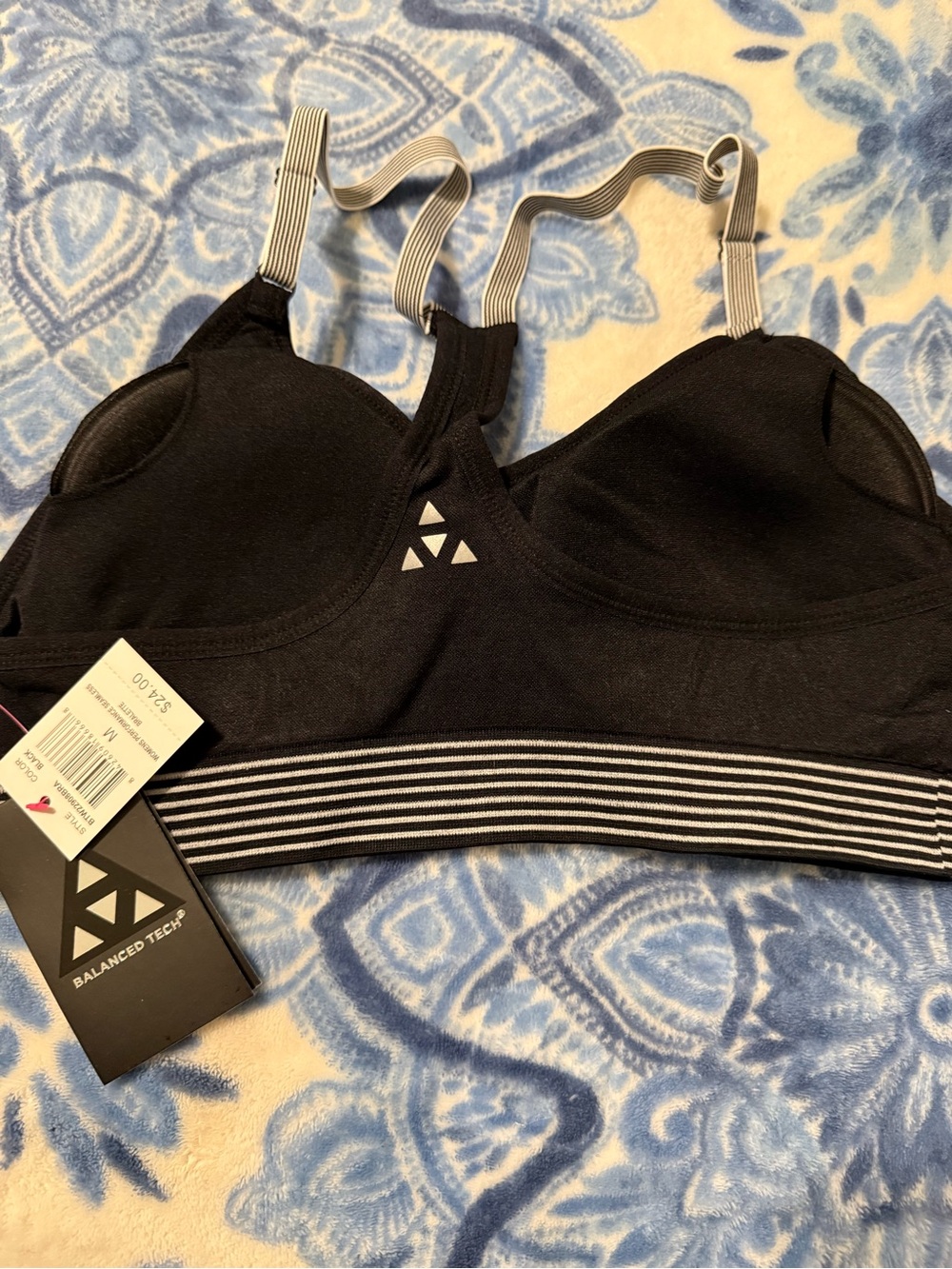 Balanced Tech Black with Striped band Athletic sports Bra Size Medium NWT